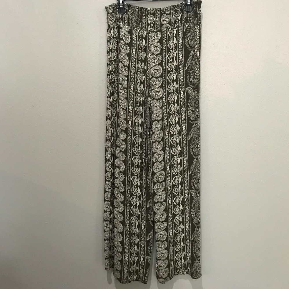 Army green and cream colored palazzo pants